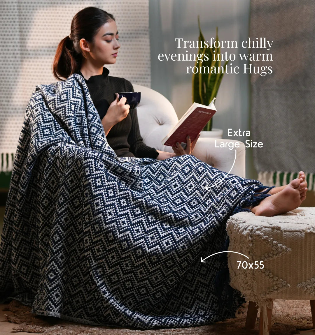 Cloudy Sofa Blanket - Navy Vanilla Lattice